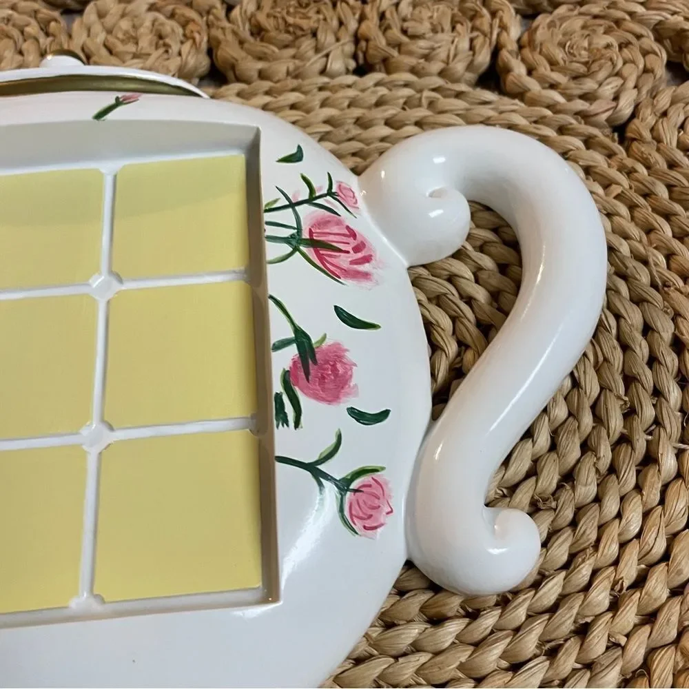 Decorative Handpainted Teapot-Shaped Ceramic and Tile Trivet White Pink Floral